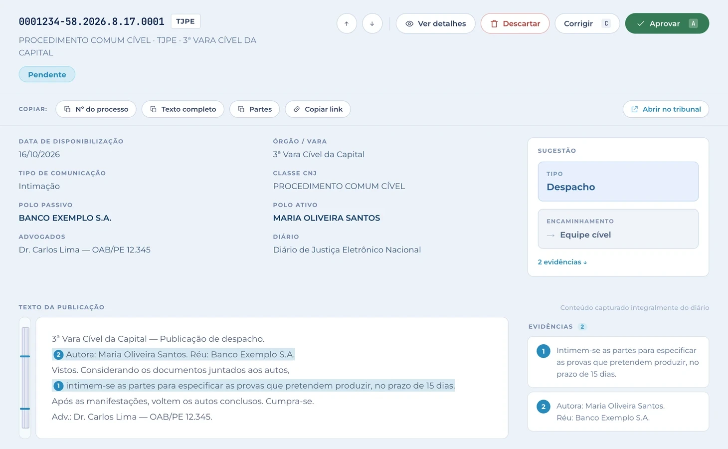 Tela de revisão do Intelivix Publicações: a sugestão (tipo Despacho, encaminhamento Equipe cível), os trechos grifados no texto da publicação e os botões Corrigir e Aprovar